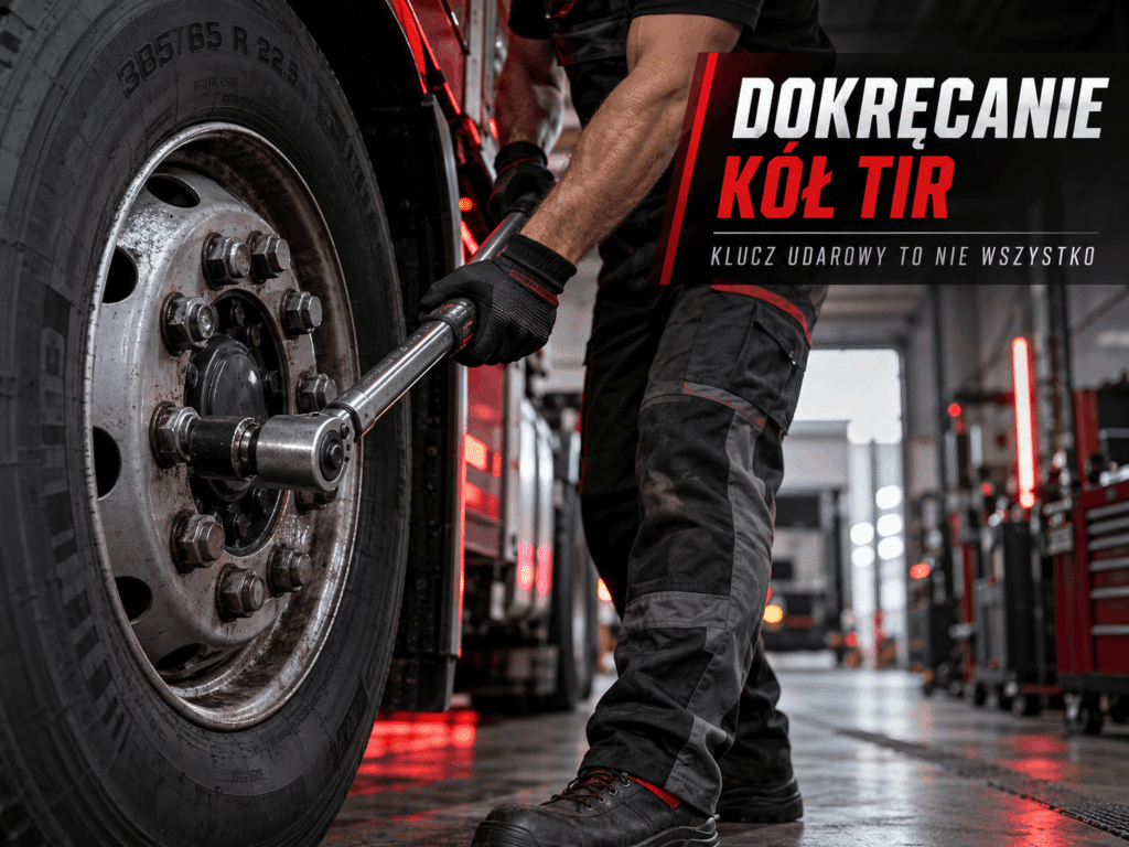 Dokręcanie kół ciężarówki kluczem dynamometrycznym w warsztacie