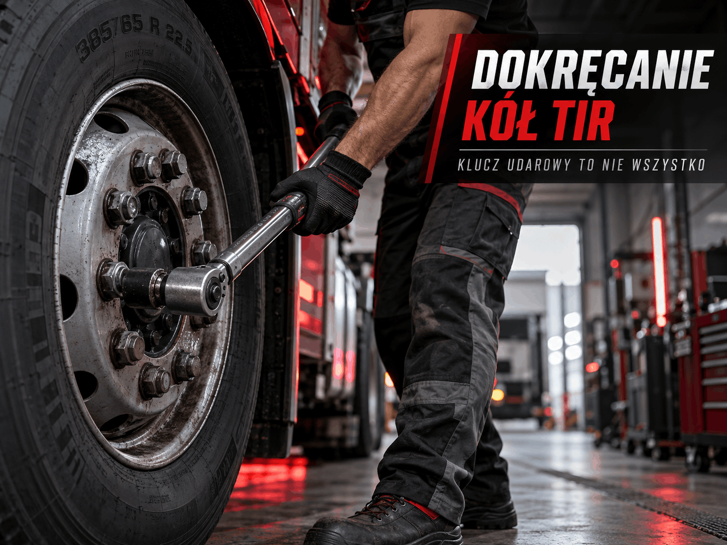 Dokręcanie kół ciężarówki kluczem dynamometrycznym w warsztacie